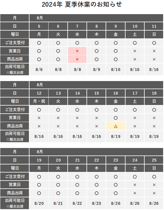 2024年夏季休業